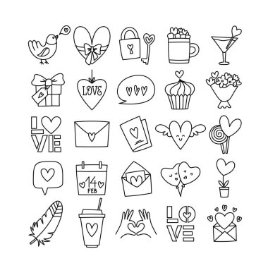 Sevgililer Günü karalama stili elle çizilmiş, düzenlenebilir vuruş genişliğine sahip bir simge seti. Romantik ruh hali Sevimli aşk sembolleri ve element koleksiyonu.