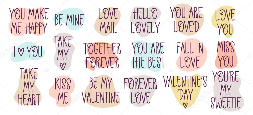 Valentine's Day hand-drawn lettering collection. Romantic mood cute love quotes set.