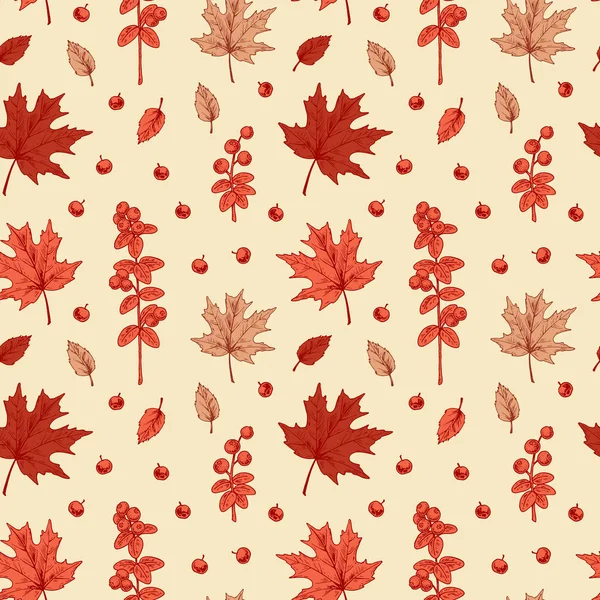 Akçaağaç yaprakları ve böğürtlenlerle renksiz sonbahar deseni. El çizimi vektör illüstrasyonu