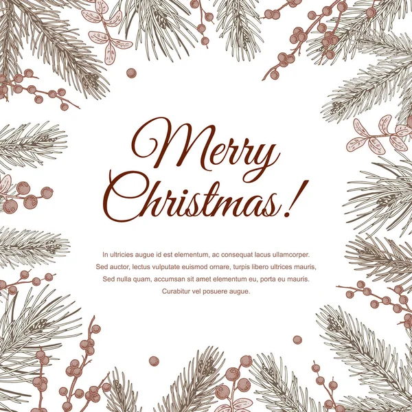 Handgezeichnete Frohe Weihnachten Und Frohes Neues Jahr Grußkarte Mit Tannenzweigen — Stockvektor