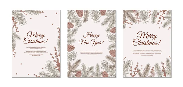 Set Vertical Hand Drawn Merry Christmas Happy New Year Greeting — Stock Vector