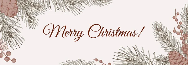 水平手绘圣诞快乐和新年快乐贺卡与圣诞树树枝和冬青浆果 古董矢量图解 — 图库矢量图片