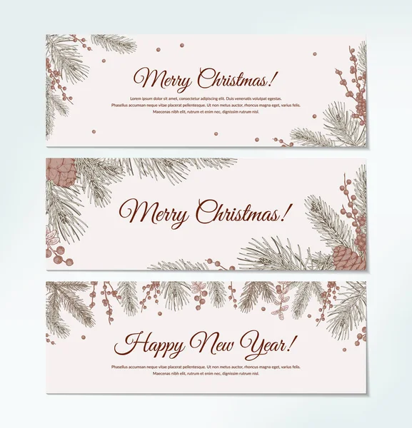 Conjunto Tarjetas Felicitación Horizontales Dibujadas Mano Feliz Navidad Feliz Año — Vector de stock