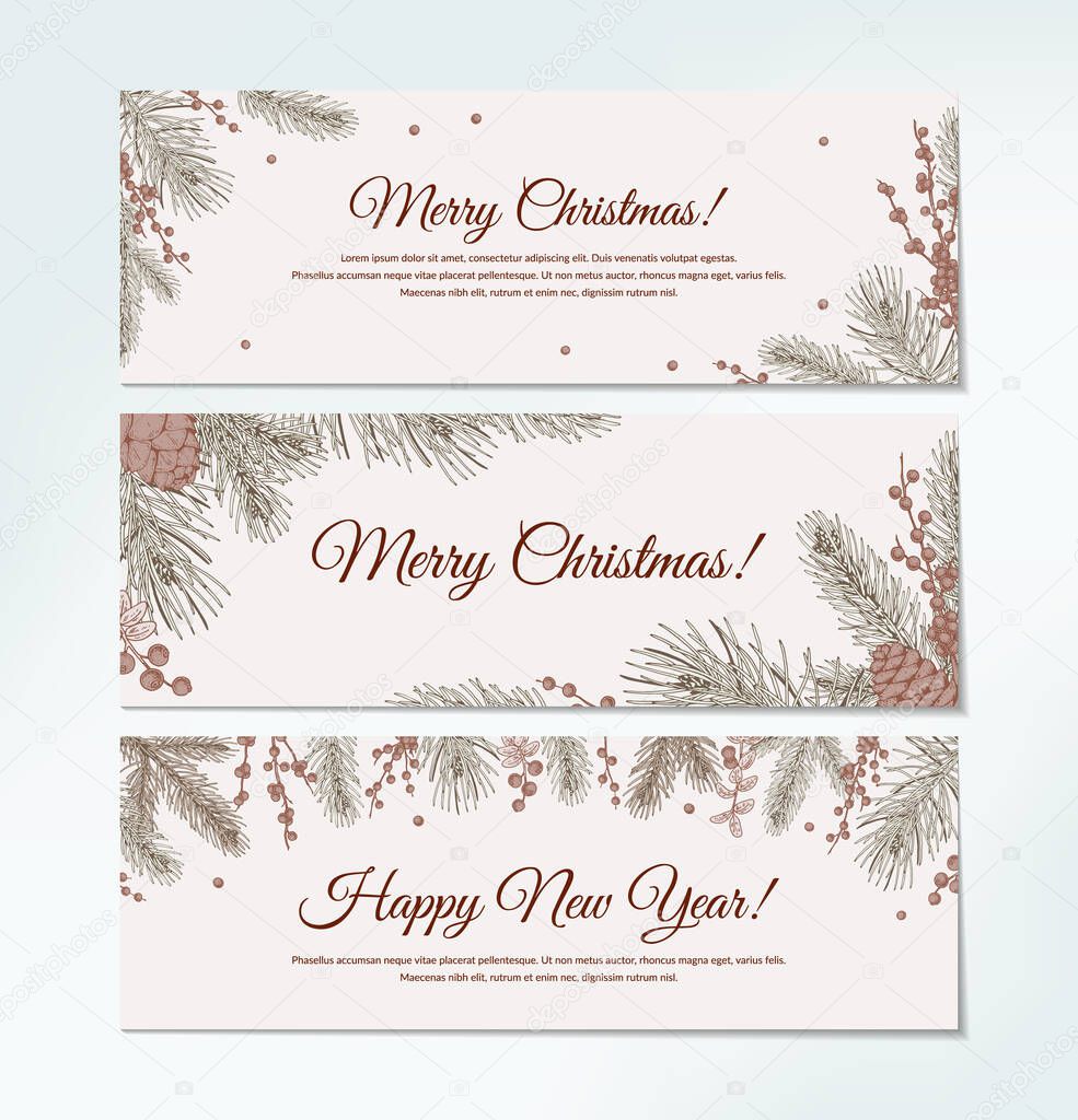 Set of horizontal hand drawn Merry Christmas and Happy New Year greeting cards with Christmas tree branches and holly berries. Vintage vector illustration