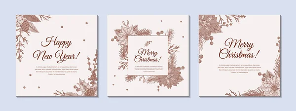 Conjunto Tarjetas Felicitación Dibujadas Mano Feliz Navidad Feliz Año Nuevo — Vector de stock