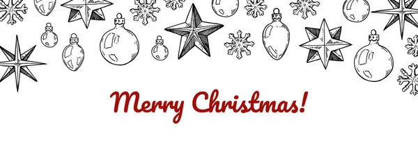 星とクリスマスツリーのおもちゃで水平ハッピーニューイヤーとメリークリスマスグリーティングカードを描いた手 下絵風のベクターイラスト — ストックベクタ