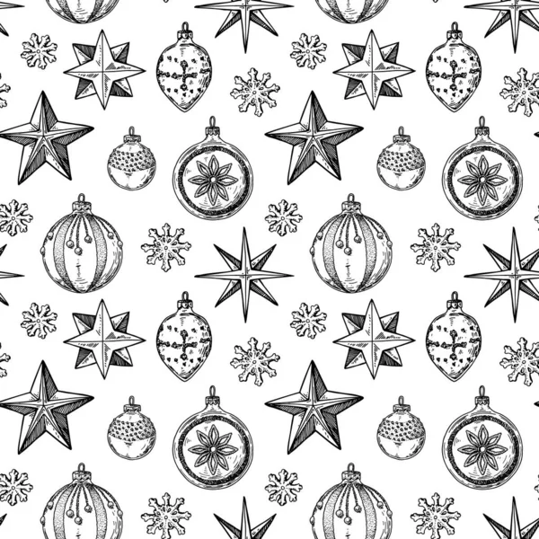 手はクリスマスツリーボールと星とハッピー新年とメリークリスマスシームレスなパターンを描きました 下絵風のベクターイラスト — ストックベクタ