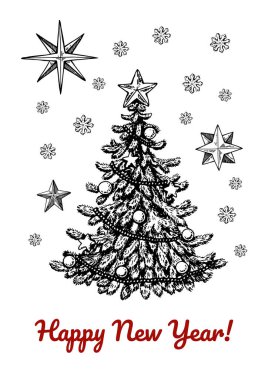 Noel tebrik kartı ve süslemeli Noel ağacı. Robot resim biçiminde vektör illüstrasyonu