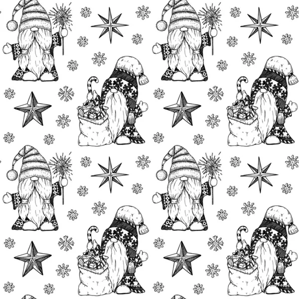 かわいいノームでハッピーニューイヤーとメリークリスマスシームレスなパターンを描いた手 下絵風のベクターイラスト — ストックベクタ