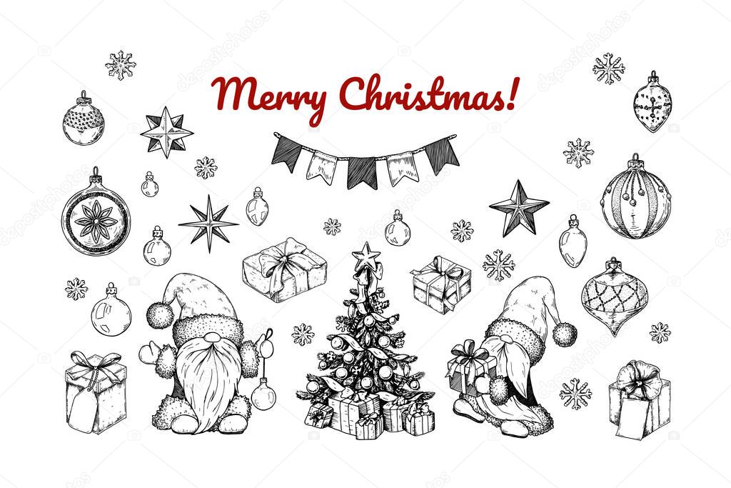 Set of hand drawn Christmas design elements. Vector illustration in sketch style