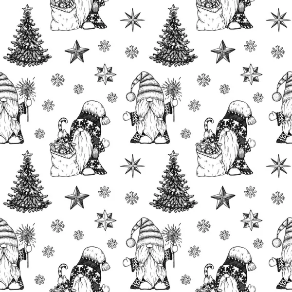 El çizimi Mutlu Yıllar ve şirin cücelerle kusursuz bir Noel deseni. Robot resim biçiminde vektör illüstrasyonu