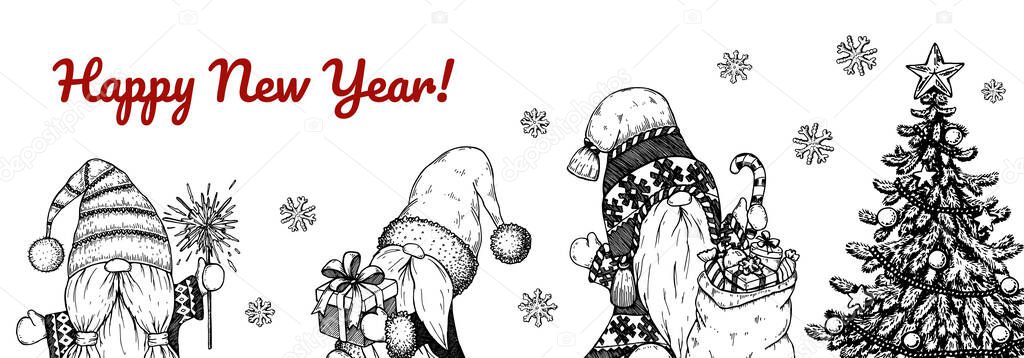 Hand drawn horizontal Happy New Year and Merry Christmas greeting card with cute gnomes. Vector illustration in sketch style