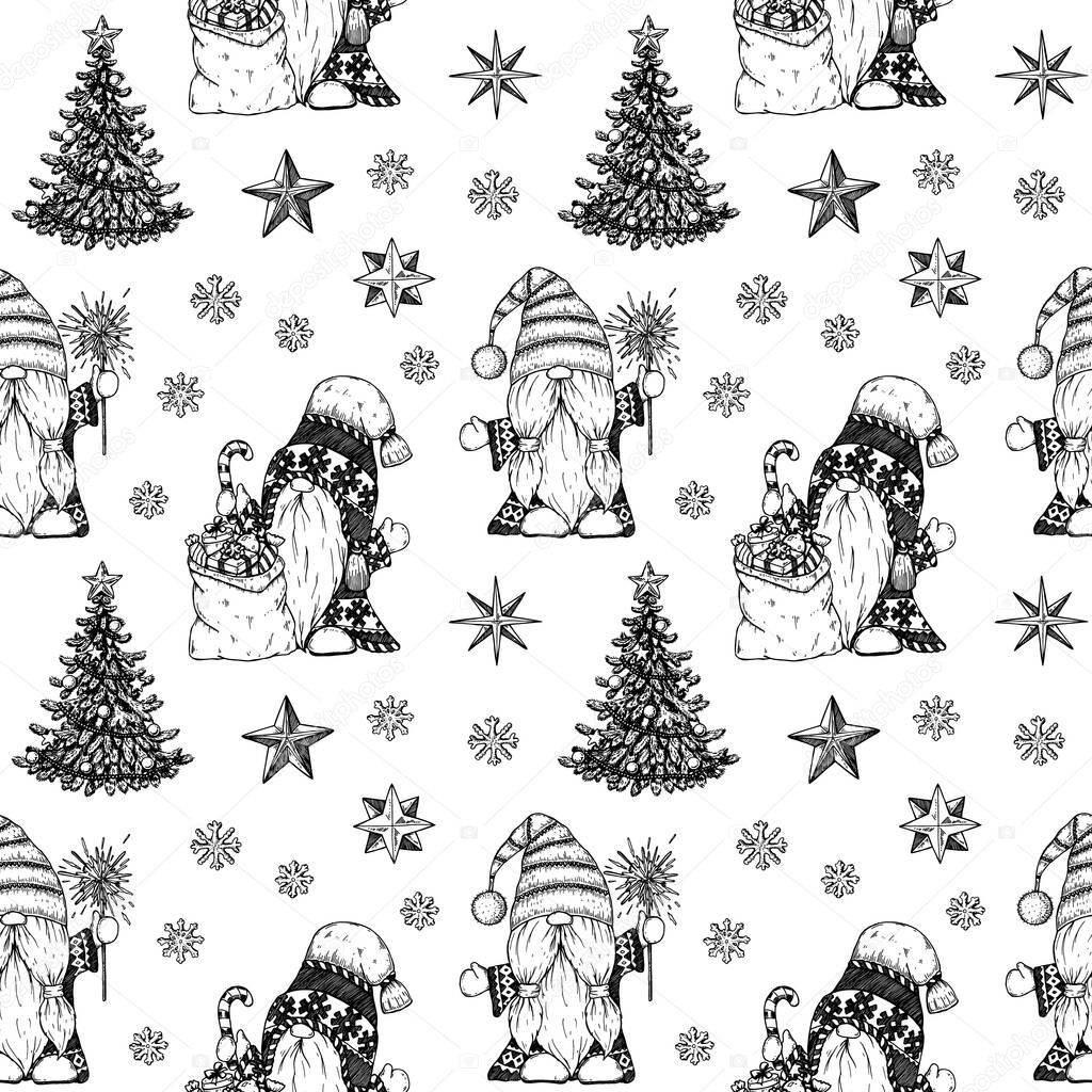 Hand drawn Happy New Year and Merry Christmas seamless pattern with cute gnomes. Vector illustration in sketch style
