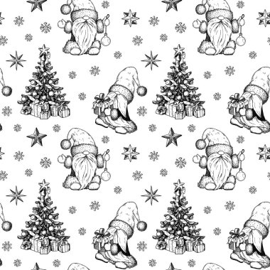El çizimi Mutlu Yıllar ve şirin cücelerle kusursuz bir Noel deseni. Robot resim biçiminde vektör illüstrasyonu