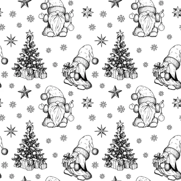 かわいいノームでハッピーニューイヤーとメリークリスマスシームレスなパターンを描いた手 下絵風のベクターイラスト — ストックベクタ
