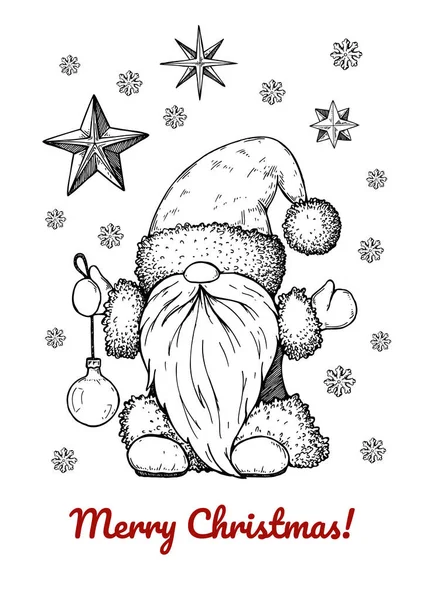 Cartão Saudação Natal Desenhado Mão Com Santa Cláusula Bola Árvore —  Vetores de Stock
