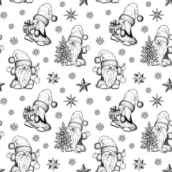 El çizimi Mutlu Yıllar ve şirin cücelerle kusursuz bir Noel deseni. Robot resim biçiminde vektör illüstrasyonu