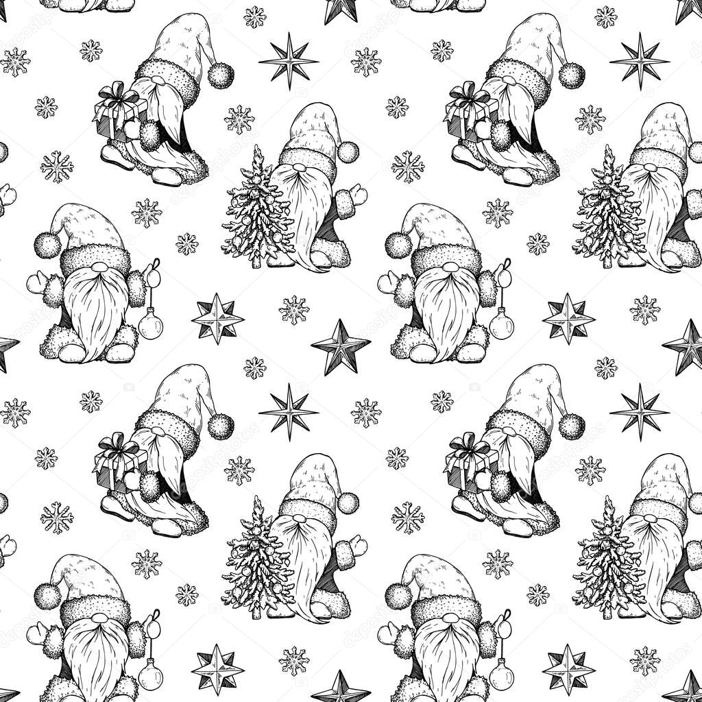Hand drawn Happy New Year and Merry Christmas seamless pattern with cute gnomes. Vector illustration in sketch style