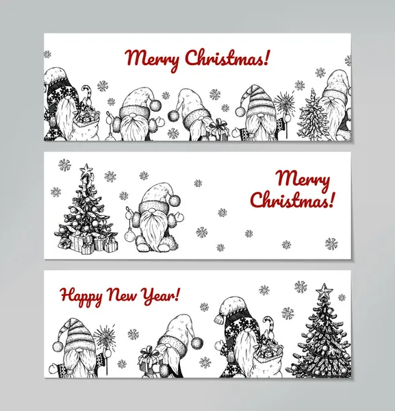 Set Von Handgezeichneten Horizontalen Glückliches Neues Jahr Und Frohe Weihnachten — Stockvektor