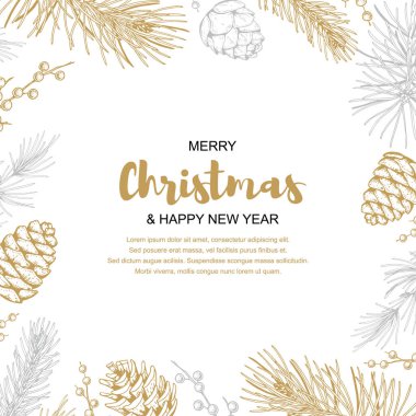 Mutlu Noeller ve çiçekli yeni yıl tebrik kartı. El çizimi vektör illüstrasyonu