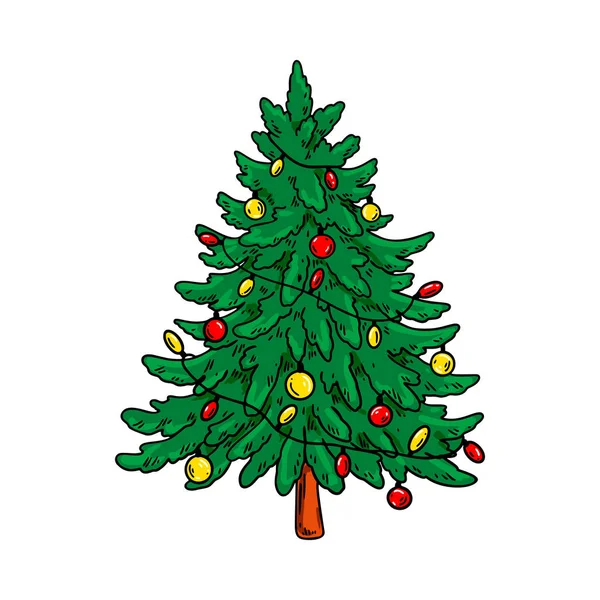 Handgezeichneter Geschmückter Weihnachtsbaum Vektorillustration — Stockvektor