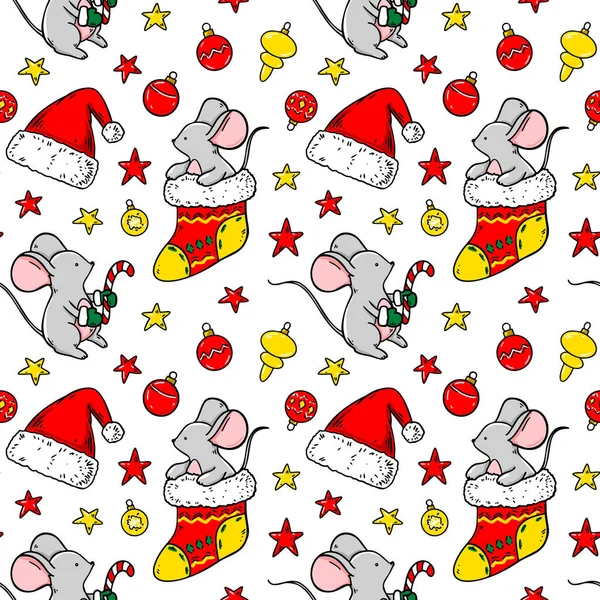 Kleurrijk Vrolijk Kerstfeest Gelukkig Nieuwjaar Naadloos Patroon Met Schattige Muizen — Stockvector