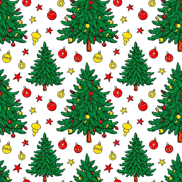 五彩缤纷的圣诞快乐 新年快乐 与圣诞树无缝搭配 手绘矢量图解 — 图库矢量图片