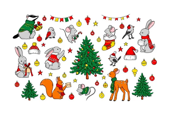 Handgezeichnetes Set Von Weihnachtlichen Designelementen Und Tieren Vektorillustration — Stockvektor