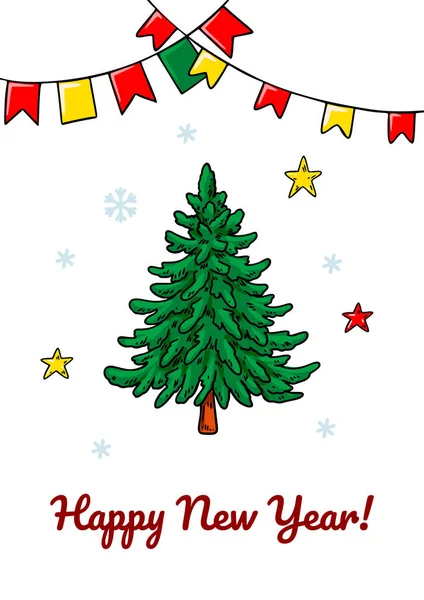 Vertikální Veselé Vánoce Šťastný Nový Rok Přání Roztomilým Vánoční Stromeček — Stockový vektor