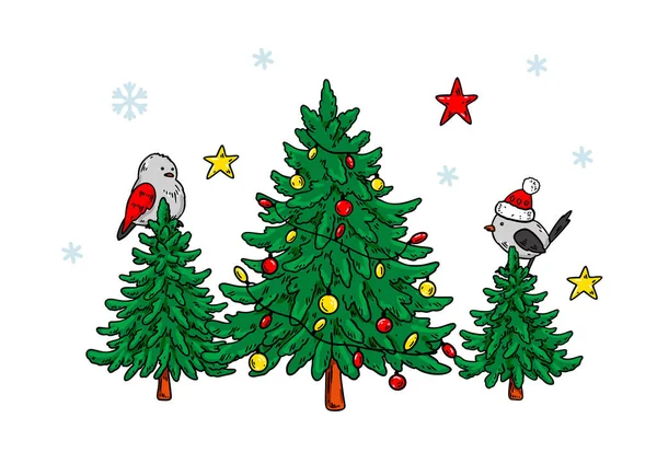 Horizontal Feliz Natal Feliz Ano Novo Cartão Saudação Com Pássaros — Vetor de Stock