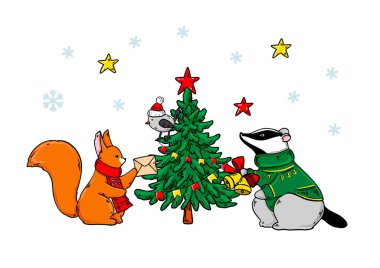 Yatay Mutlu Noeller ve şirin bir sincap, rakun ve Noel ağacıyla mutlu yıllar kartı. El çizimi vektör illüstrasyonu