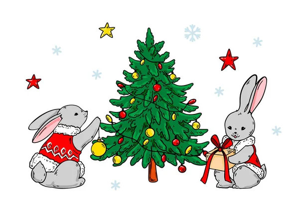 Οριζόντια Καλά Χριστούγεννα Και Καλή Χρονιά Ευχετήρια Κάρτα Χαριτωμένα Κουνέλια — Διανυσματικό Αρχείο