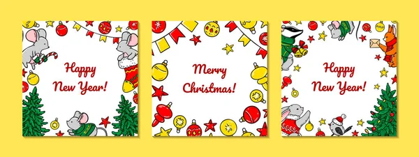 Conjunto Cartões Coloridos Feliz Natal Feliz Ano Novo Com Animais —  Vetores de Stock