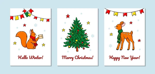 Conjunto Cartões Verticais Feliz Natal Feliz Ano Novo Com Esquilo —  Vetores de Stock