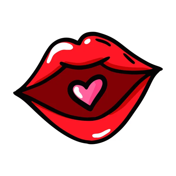 Labios Rojos Estilo Cómico Con Corazón Ilustración Vectorial Día San — Vector de stock