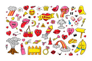 Modern garip karakterli Love Sticker paketi. Vektör çizimi. Sevgililer Günü tasarım elementleri