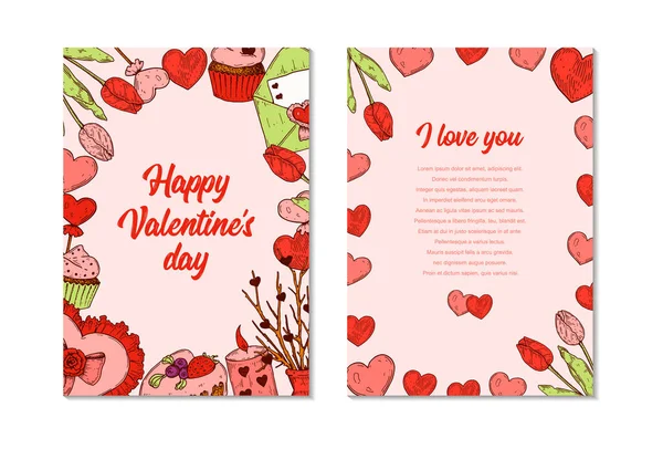 Zweiseitige Vertikale Glückwunschkarte Zum Valentinstag Mit Handgezeichneten Elementen Vektorillustration — Stockvektor
