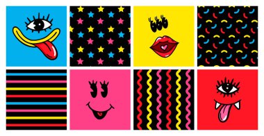 Tuhaf komik suratlı soyut posterler. El çizimi vektör illüstrasyonu