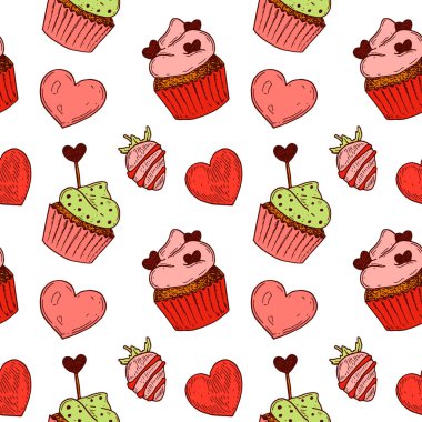 Elle çizilmiş renkli Sevgililer Günü kusursuz desen. Robot resim biçiminde vektör illüstrasyonu