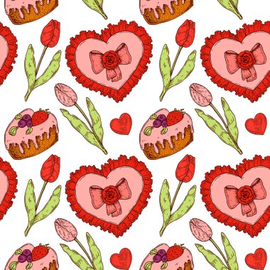 Elle çizilmiş renkli Sevgililer Günü kusursuz desen. Robot resim biçiminde vektör illüstrasyonu