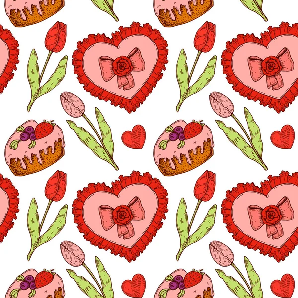 Hand Drawn Colorful Valentines Day Seamless Pattern Vector Illustration Sketch — Stock Vector