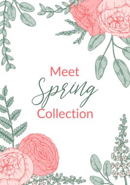 Çiçekli yumuşak bahar tasarımı. El çizimi vektör illüstrasyonu