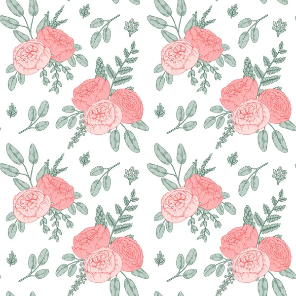 Doux Motif Floral Sans Couture Avec Des Roses Des Pivoines — Image vectorielle