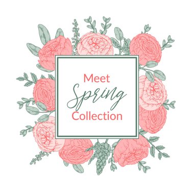 Bahar çiçeği çerçevesi. Nazik pastel tasarım. El çizimi vektör illüstrasyonu