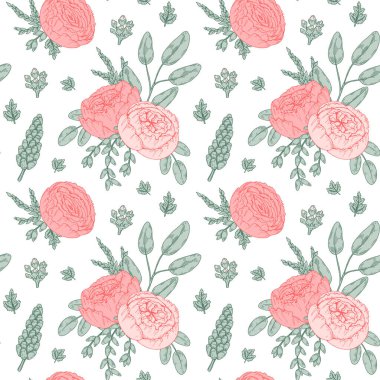 Gül ve şakayık desenli çiçek deseni. El çizimi vektör illüstrasyonu