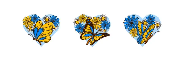 Réglé Les Cœurs Dans Drapeau Ukrainien Couleurs Jaunes Bleues Contre — Image vectorielle