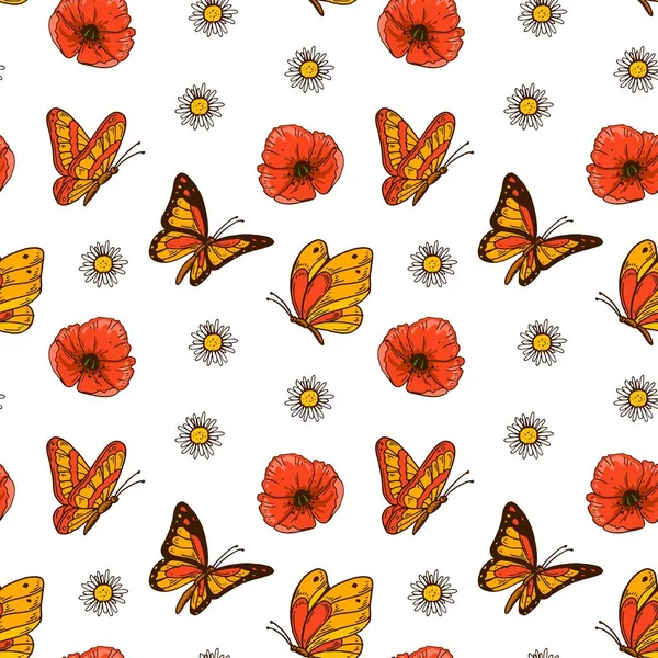 Colorful Butterfly Seamless Pattern Poppies Chamomiles Summer Design Hand Drawn — Stockvektor
