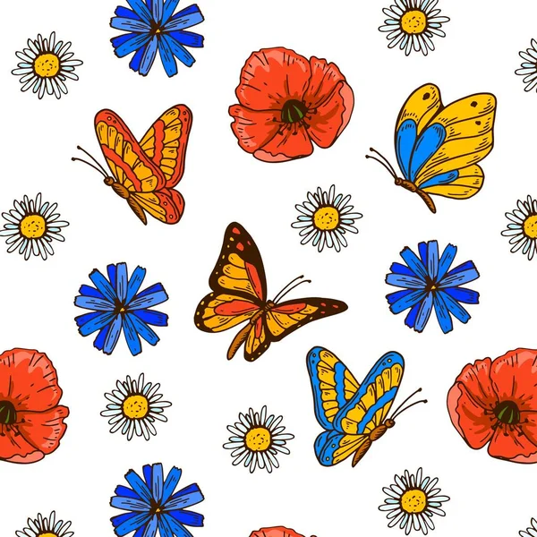 Colorful Butterfly Seamless Pattern Poppies Chamomiles Summer Design Hand Drawn — Stock vektor