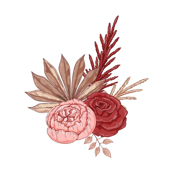 Modern Dried Flowers Composition Boho Bouquet Hand Drawn Vector Illustration —  Vetores de Stock