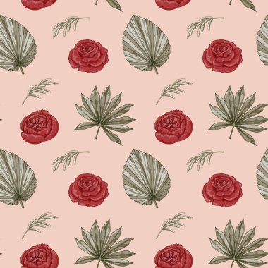 Vintage seamless pattern with roses. Boho wallpaper design. Hand drawn vector illustration